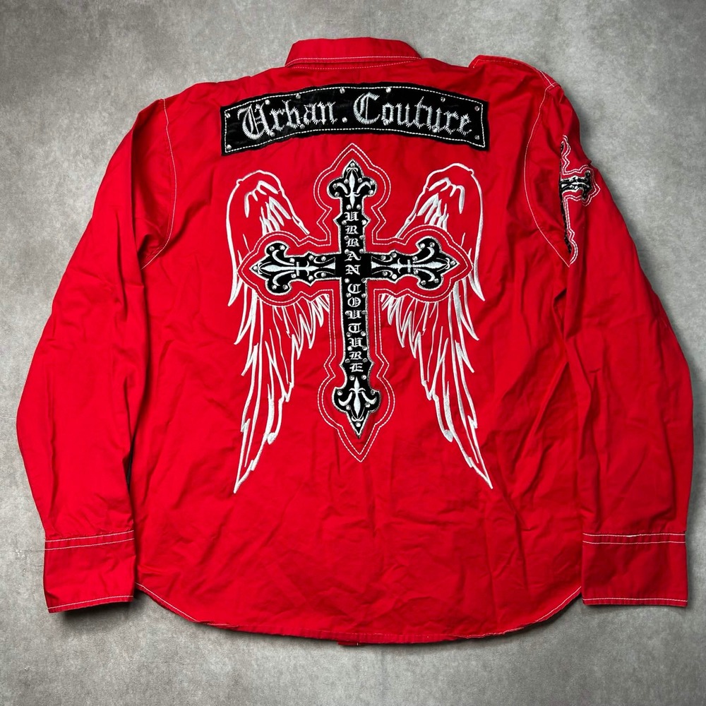 Victorious Urban Couture Red Long Sleeve Embroidered Cross Shirt Mens 2XL Y2K